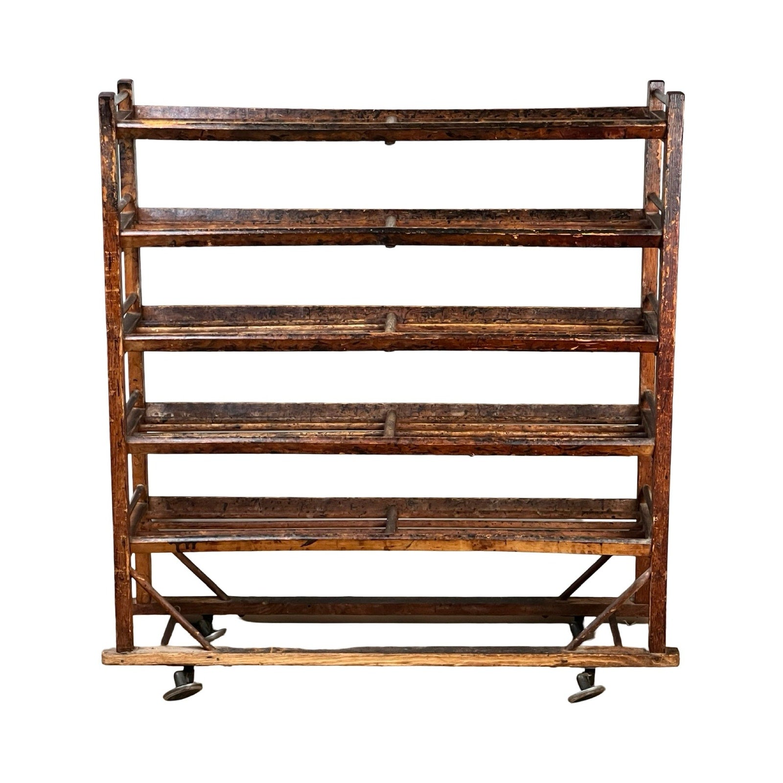 Antique Oak Shoe Factory Rolling Rack on original industrial casters, c. late 19th century; a vintage wooden rack with five shelves, visible supports, simple frame, and slightly distressed finish showing age and wear. Brand: Unknown.