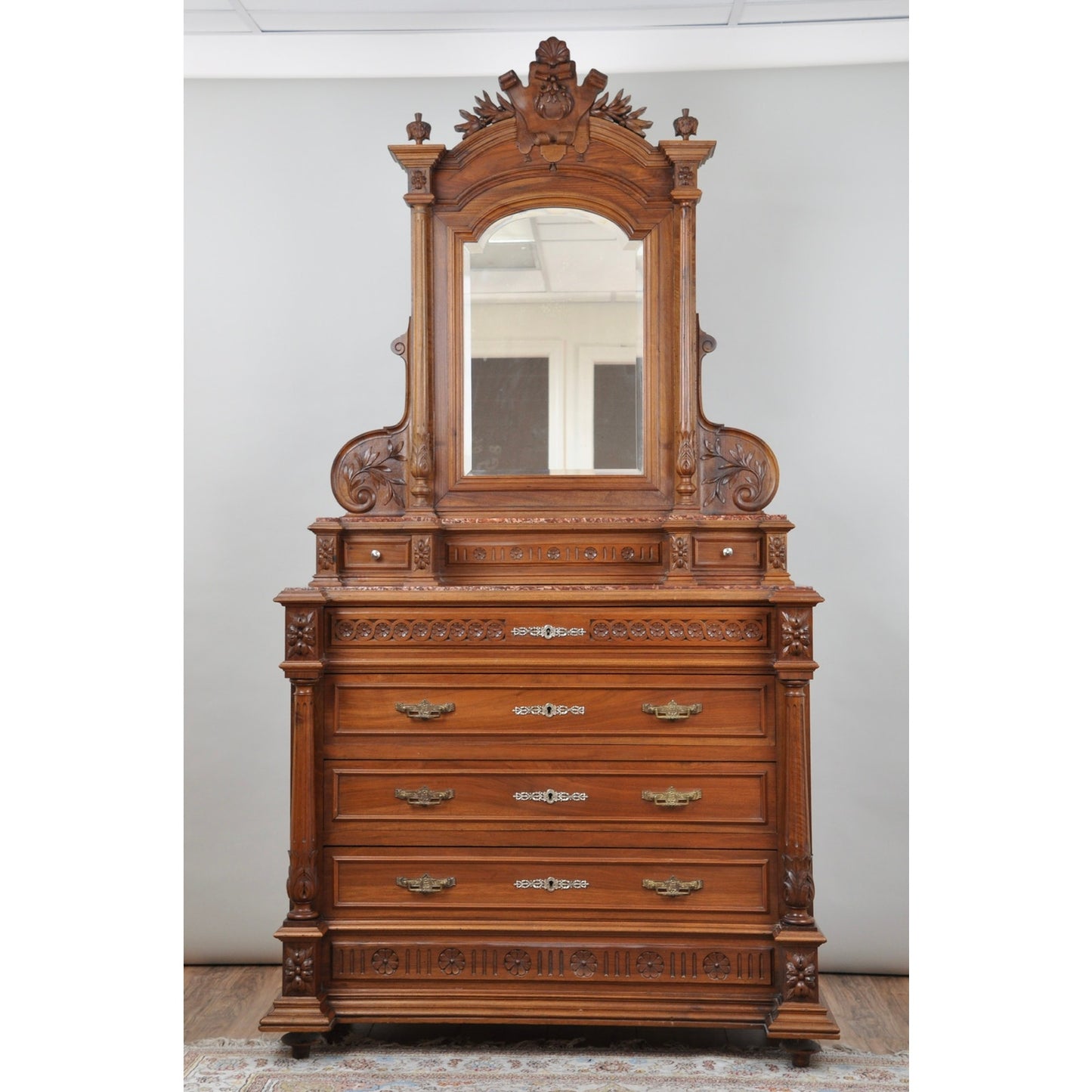 Antique French Napoleon III Four Drawer Dresser with Mirror c. Late 19th Century