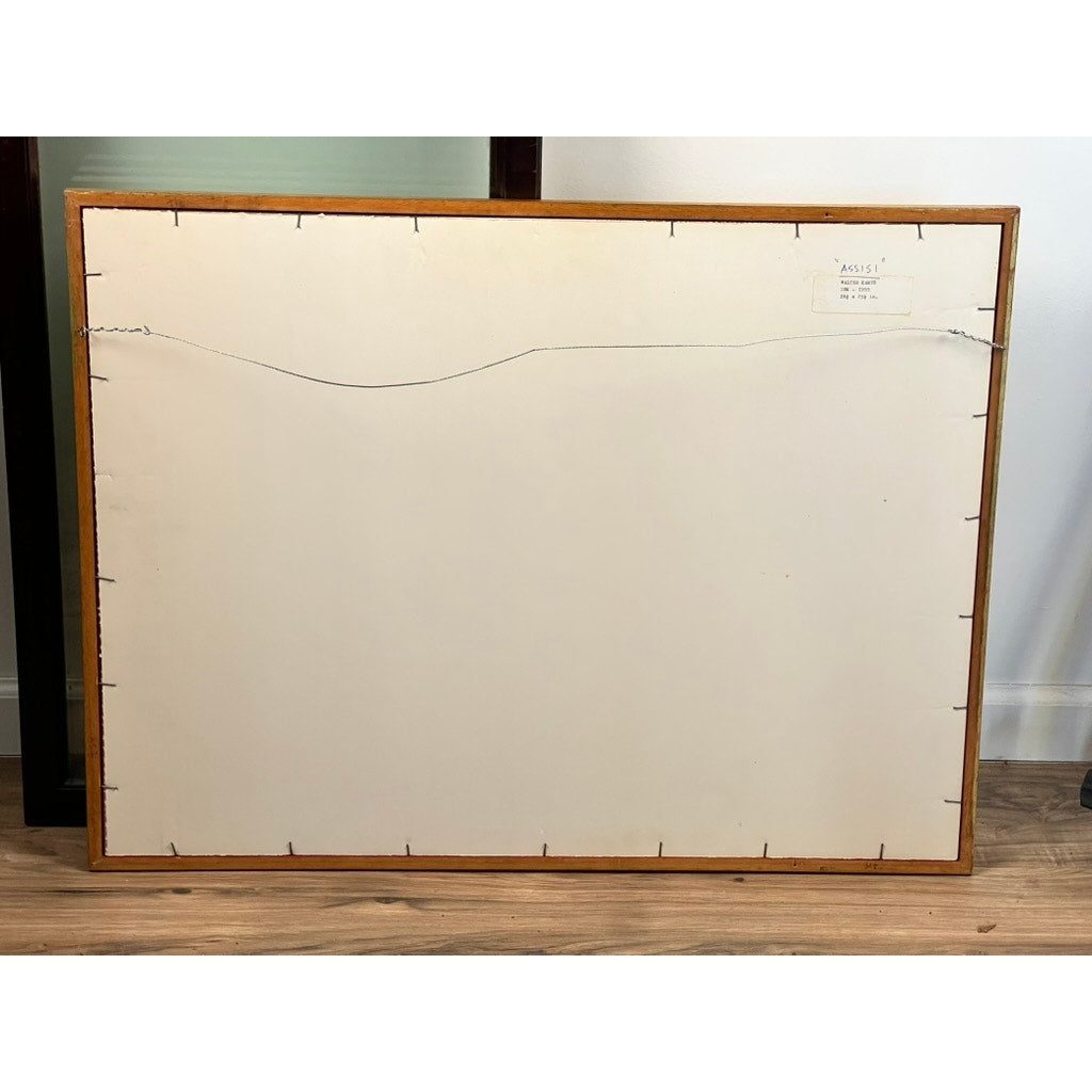 Walter Kamys’s “Assissi” (1955), ink on paper, signed lower right with gallery label en verso, rests on a wooden floor against a white wall, showing the back with staples and hanging wire—a nod to modernist Italian art.