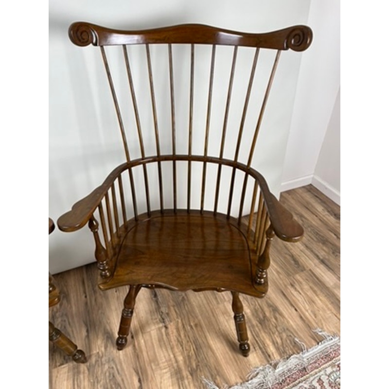 Vintage Stickley Windsor chairs with saddle seats showing light scratches