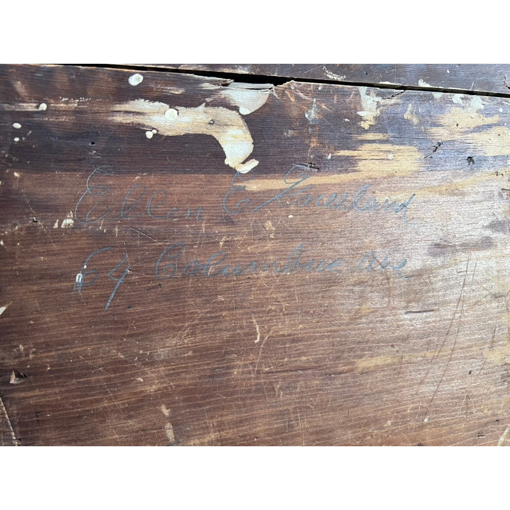 A close-up of the worn surface of an Antique Federal Period Giltwood Mirror with Rosette Corners and Cornucopia c. 1830, showing scratches, stains, and faded handwritten cursive text: "Ellen E. Zander 4 September 1926.