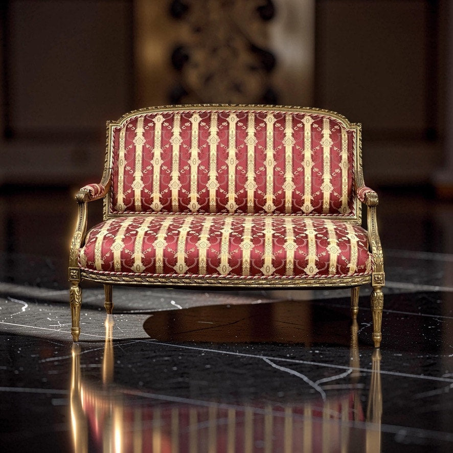 An Antique Louis XVI Style Giltwood Settee in silk damask (c. late 19th century) with an ornate carved frame and elegant upholstery rests on a glossy black marble floor in a luxurious, softly lit room.