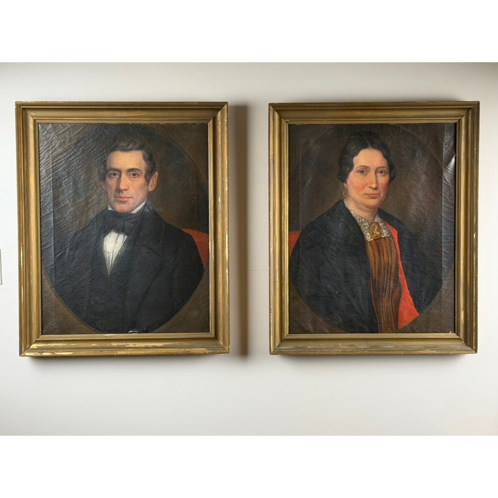 Pair of American School Oil Portraits of a Gentleman and Lady, c. 1840–1860, featuring two mid-19th-century oil portraits of a gentleman and a lady, both framed in antique gold wood.