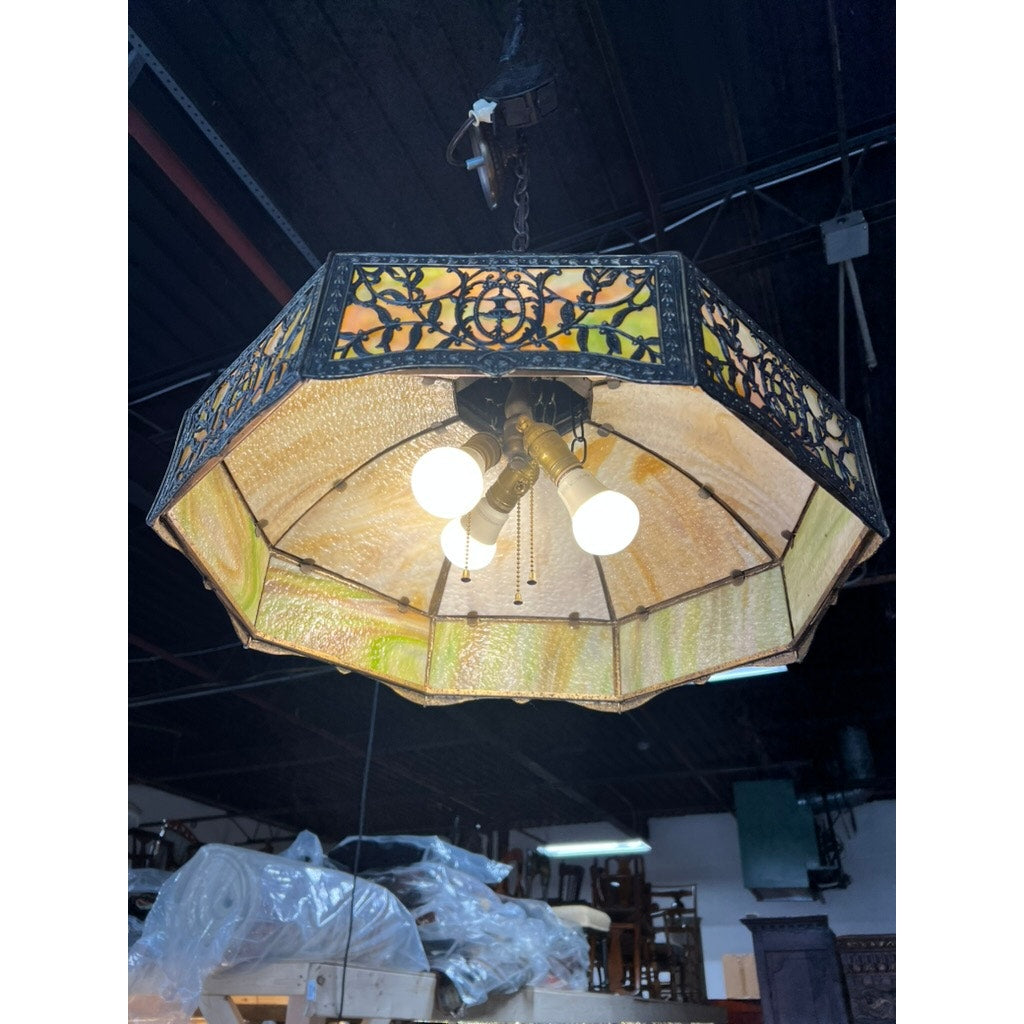 Art Nouveau slag glass lamp with chain and canopy suspension c.1920