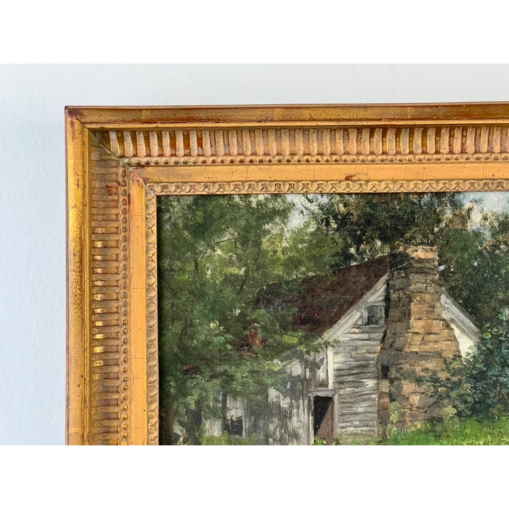Close-up of the upper left corner of an Antique American School Farmstead Landscape Oil Painting, Circa 1900, showing part of a rustic house with a stone chimney and greenery in the background.