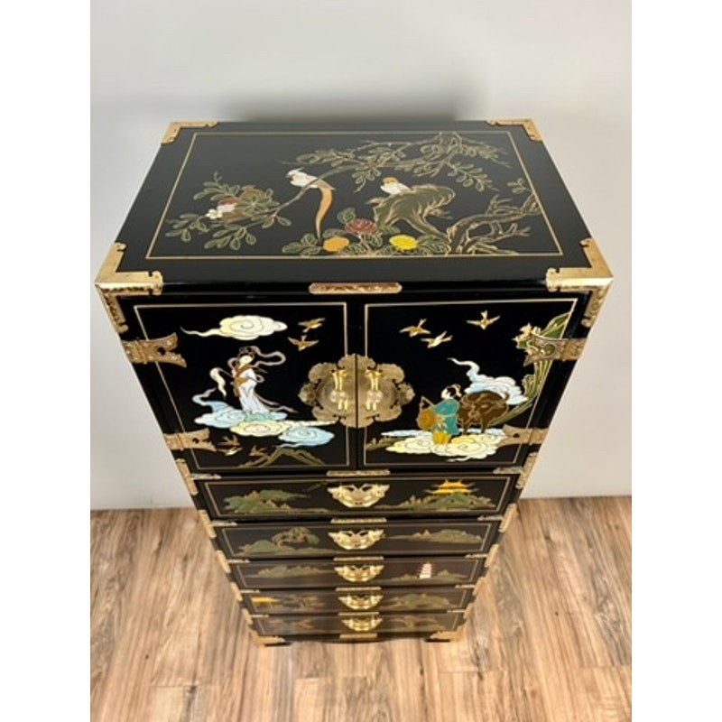 Vintage Black Lacquer Hand Painted Taiwanese Lingerie Chest