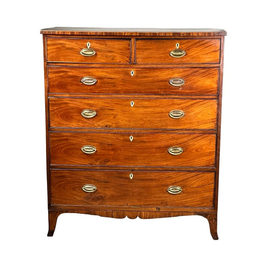 Antique George III Two Over Four Chest, early 19th century, features two small over four large drawers and elegant French feet. Polished mahogany finish beautifully showcases the wood grain—a classic example of period craftsmanship. Brand unknown.