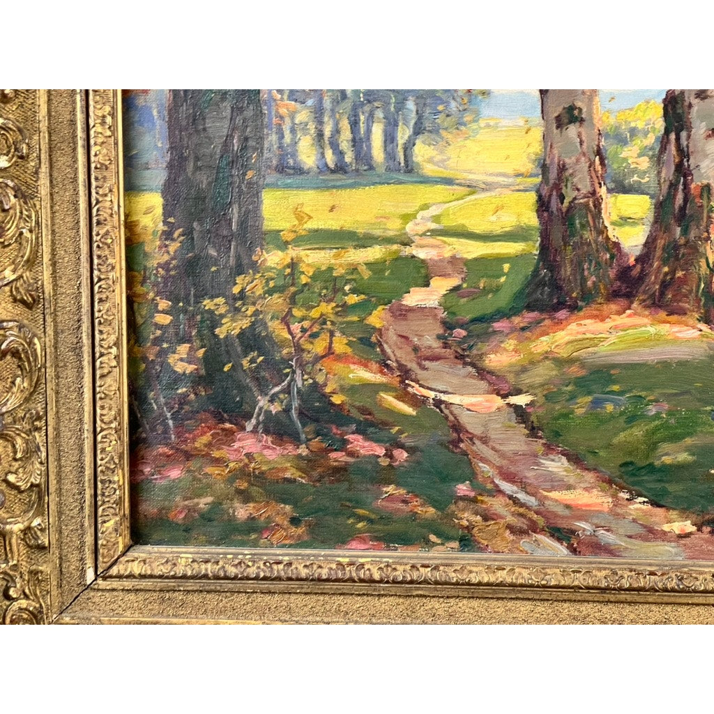 Close-up of "Path by a Stream," an early 20th-century antique oil on canvas impressionist painting signed P. Grabwin, showing a sunlit forest path beside a stream in an ornate gold frame. Brand: Unknown.