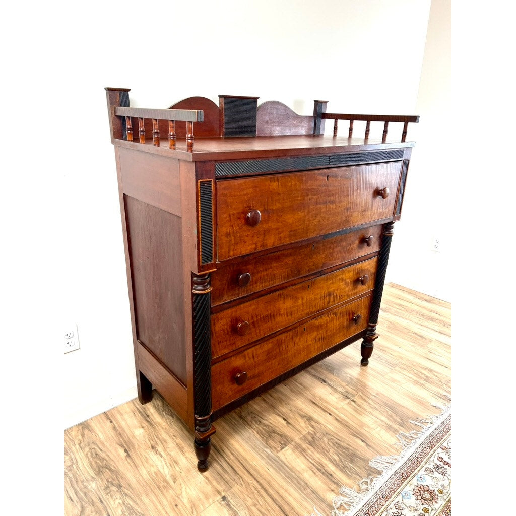 Antique Late Federal Tiger Maple and Cherry Four Drawer Chest c. 1840