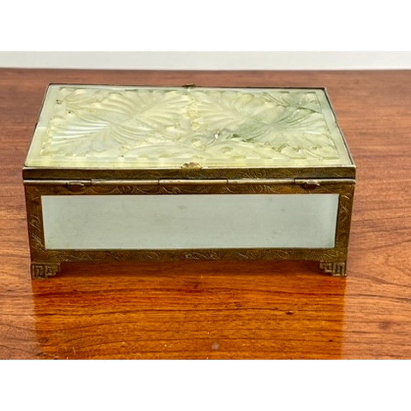 Antique Chinese Brass Bound Jade and Frosted Glass Dresser Box