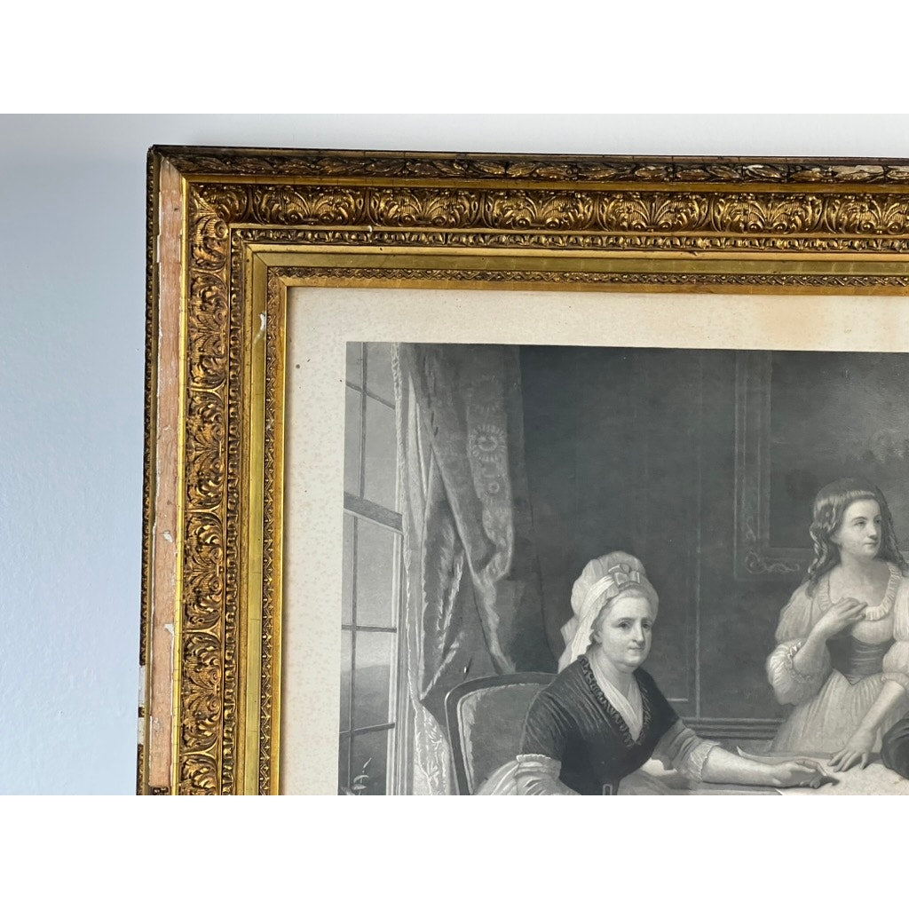 Close-up of an ornate period gilt frame containing an antique black and white 1858 engraving titled “Washington and His Family,” published by Bradley & Co., Philadelphia.