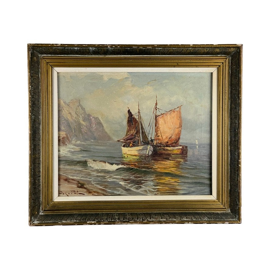 Oil on canvas painting “Two Ships Off the Beach,” signed lower left, depicts two ships near the shore under a cloudy sky with sunlight on the water—a striking example of vintage coastal art. Brand: None/Unknown.