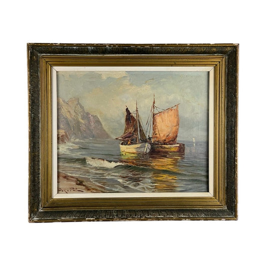 Oil on canvas painting “Two Ships Off the Beach,” signed lower left, depicts two ships near the shore under a cloudy sky with sunlight on the water—a striking example of vintage coastal art. Brand: None/Unknown.