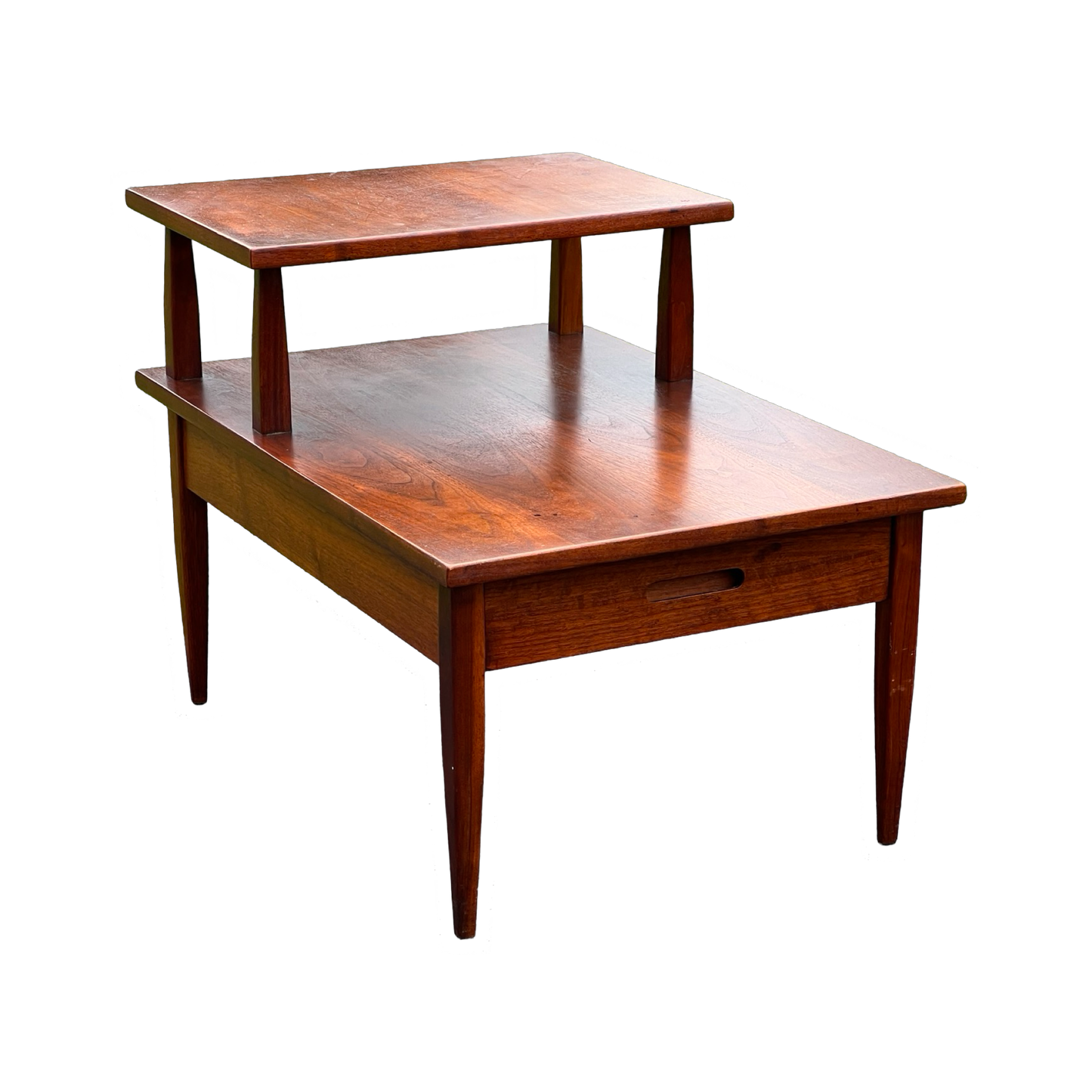 Vintage Mid-Century Modern Walnut Two Tiered End Table with Single Drawer