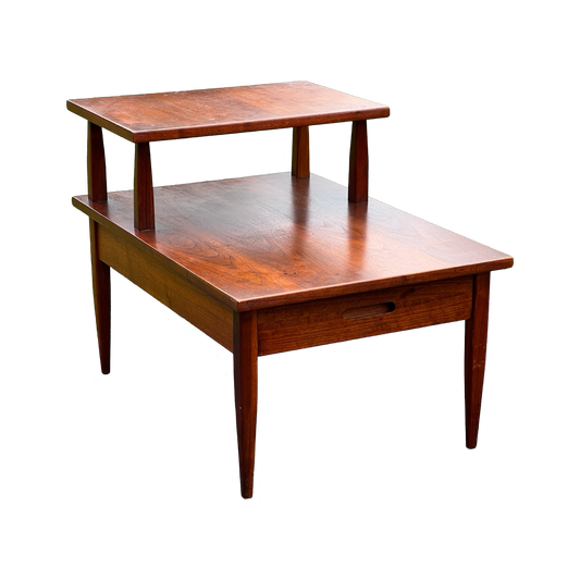 Vintage Mid-Century Modern Walnut Two Tiered End Table with Single Drawer