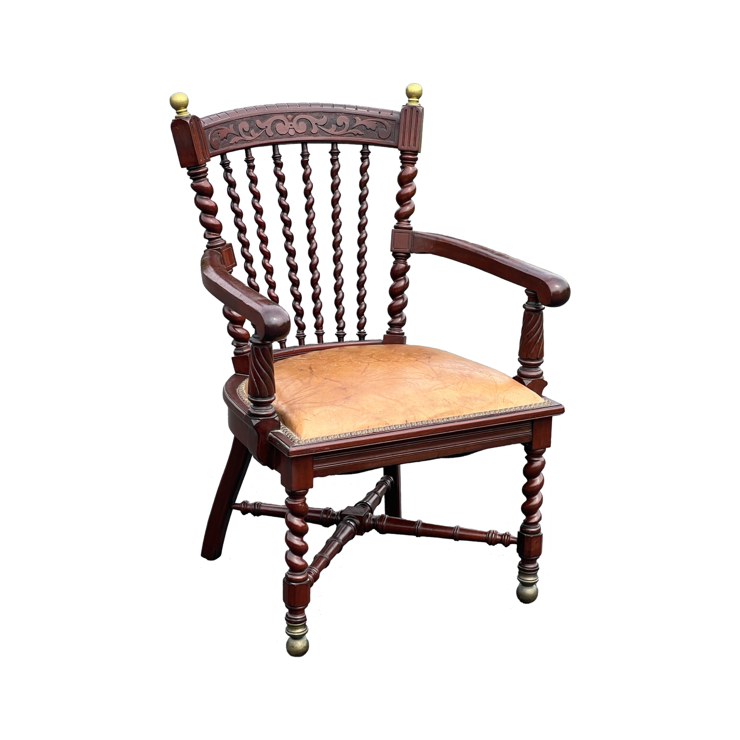 Antique Black Walnut Barley Twist Captain’s Chair with Leather Seat After George Hunzinger