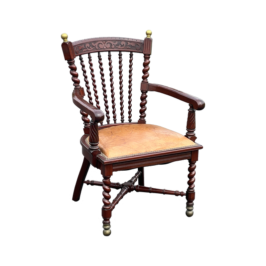 Antique Black Walnut Barley Twist Captain’s Chair with Leather Seat After George Hunzinger