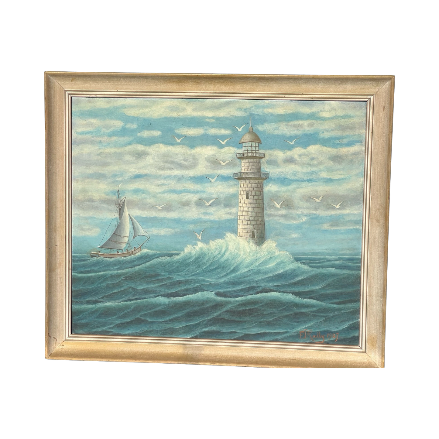 Oil on Board Painting of Lighthouse Seascape by Frank Joseph Reilly c.1927