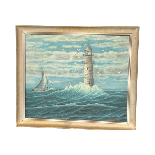 Oil on Board Painting of Lighthouse Seascape by Frank Joseph Reilly c.1927