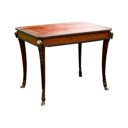 Louis XV/XVI Style Ormolu Marquetry Inlaid Occasional Table with Rams Head and Rams Hoof Mountings