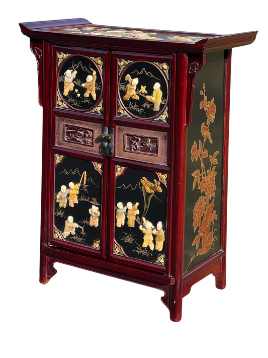 Vintage Asian Rosewood Cabinet with Hand Carved Stone in Relief