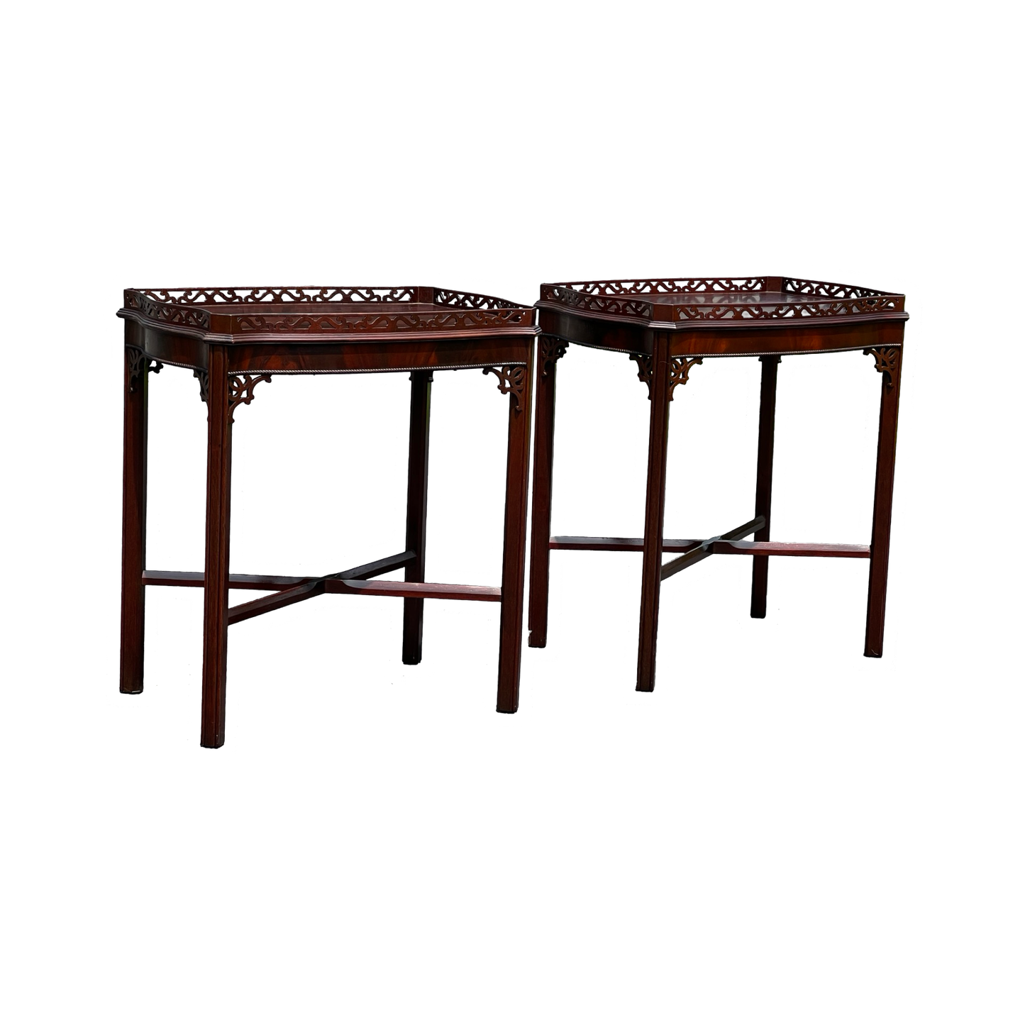 Pair Vintage Flame Mahogany Chippendale Style End Tables