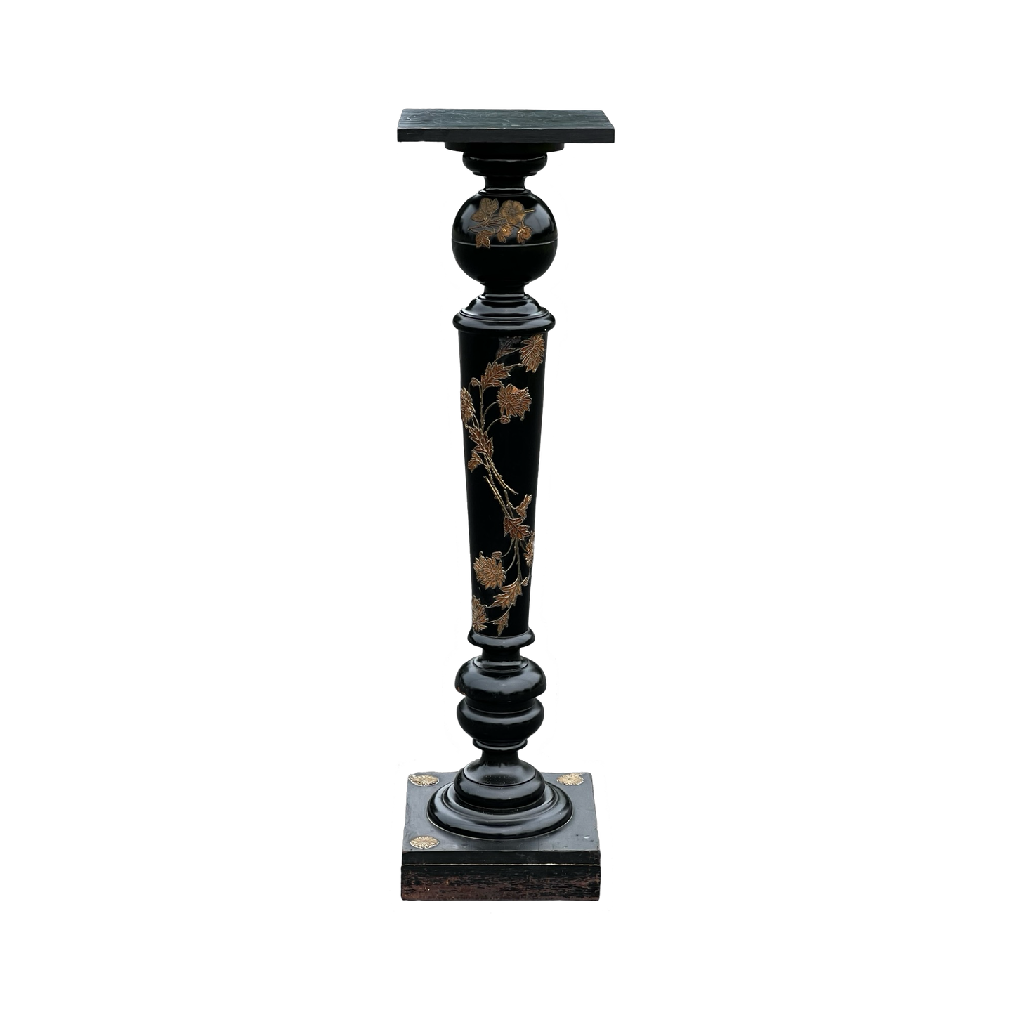 Vintage Ebonized Aeshetic Movement Style Pedestal with Brass Applique