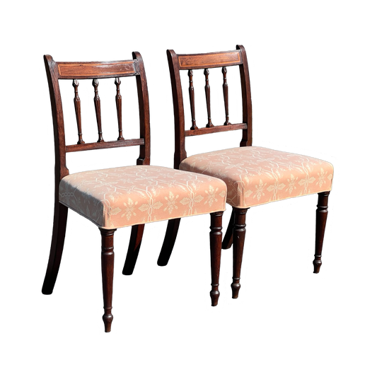 Antique Pair of Inlaid Sheraton Side Chairs with Pink Upholstered Seat