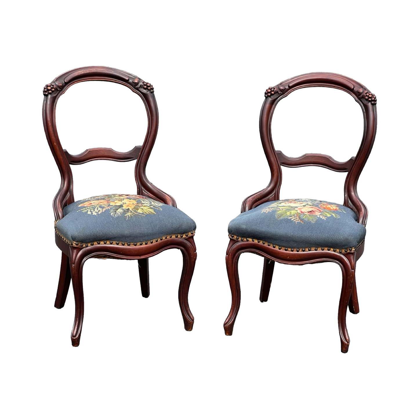 Pair of Antique Victorian Tapestry Seat Parlor Chairs c. Late 19th Century