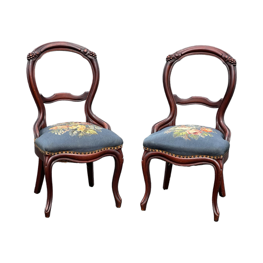 Pair of Antique Victorian Tapestry Seat Parlor Chairs c. Late 19th Century