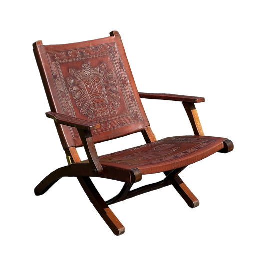 Mid-Century Angel Pazmino Tooled Leather Folding Arm Chair for Muebles de Estilo, Ecuador c. 1960s