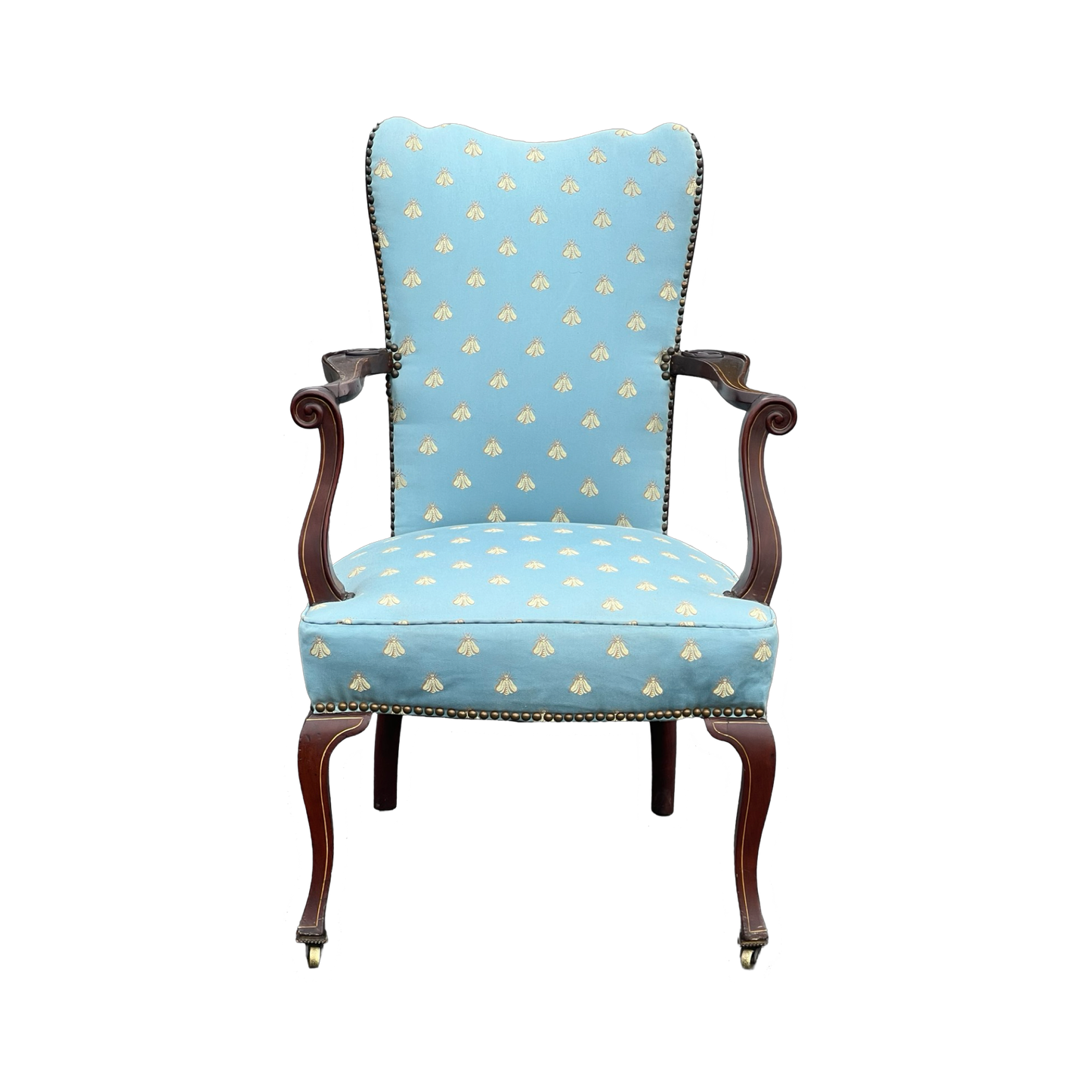 Antique Federal Upholstered Arm Chair with Scrolled Arms and Satinwood Inlay