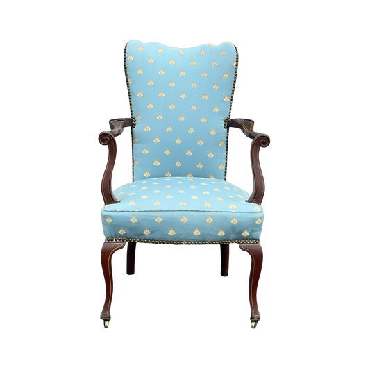 Antique Federal Upholstered Arm Chair with Scrolled Arms and Satinwood Inlay