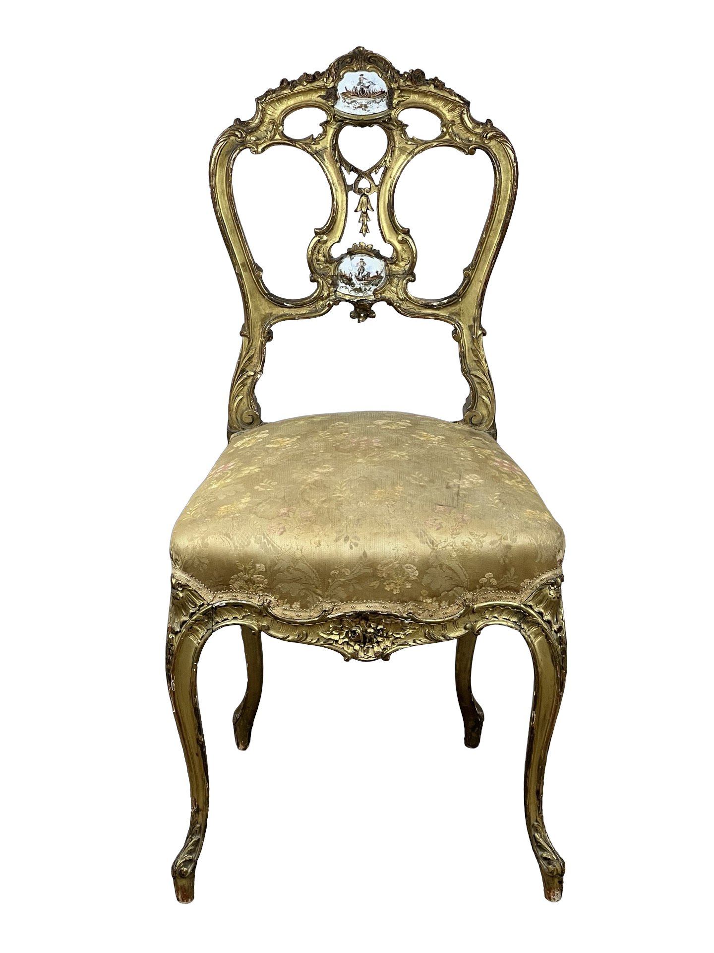 Antique French Louis XVI Gilt Side Chair with Porcelain Medallions