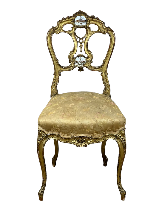 Antique French Louis XVI Gilt Side Chair with Porcelain Medallions