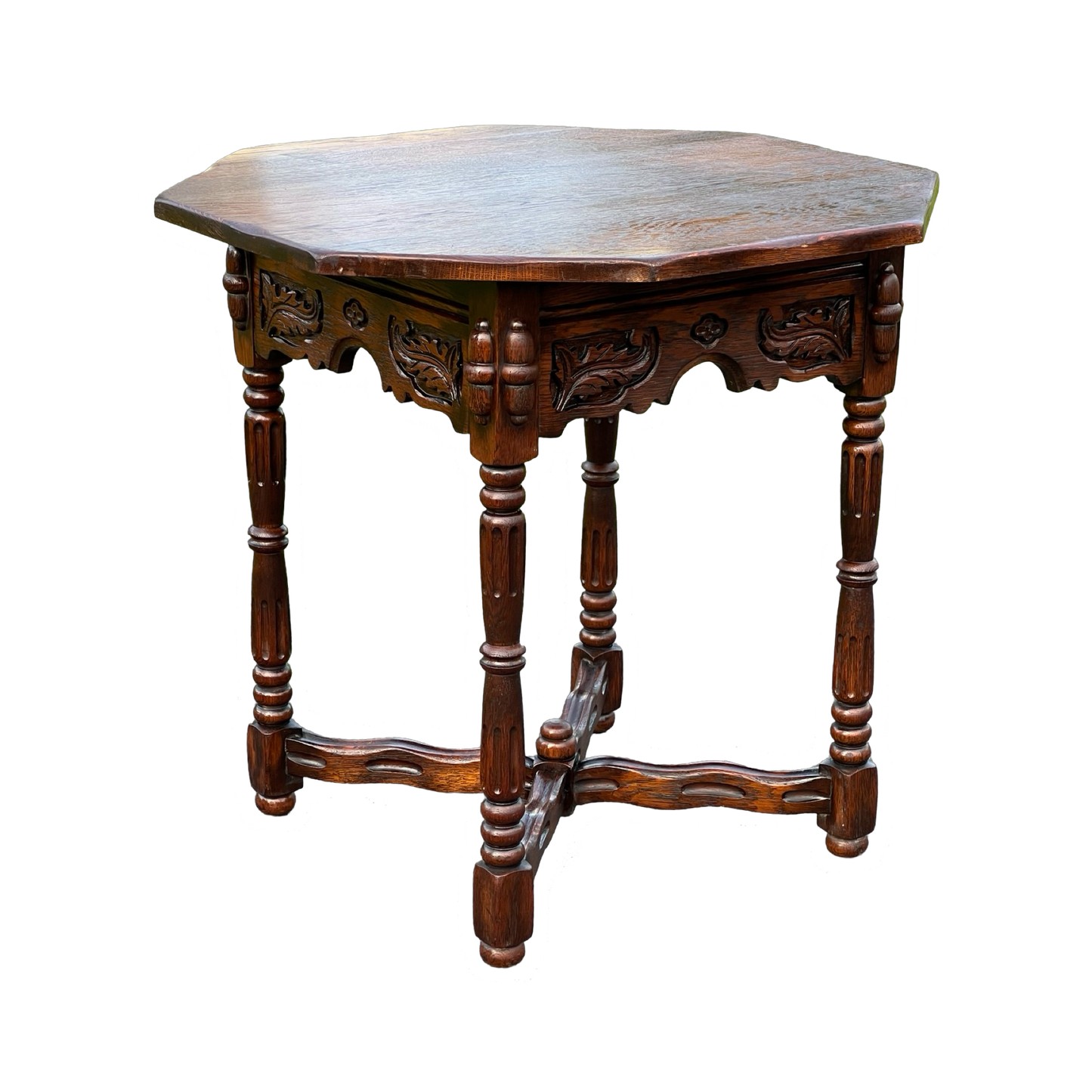 Vintage Hexagon Oak Parlor Table with Carved Details