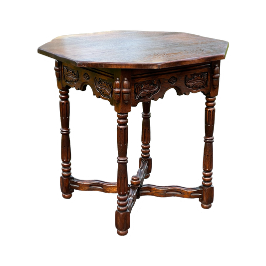 Vintage Hexagon Oak Parlor Table with Carved Details