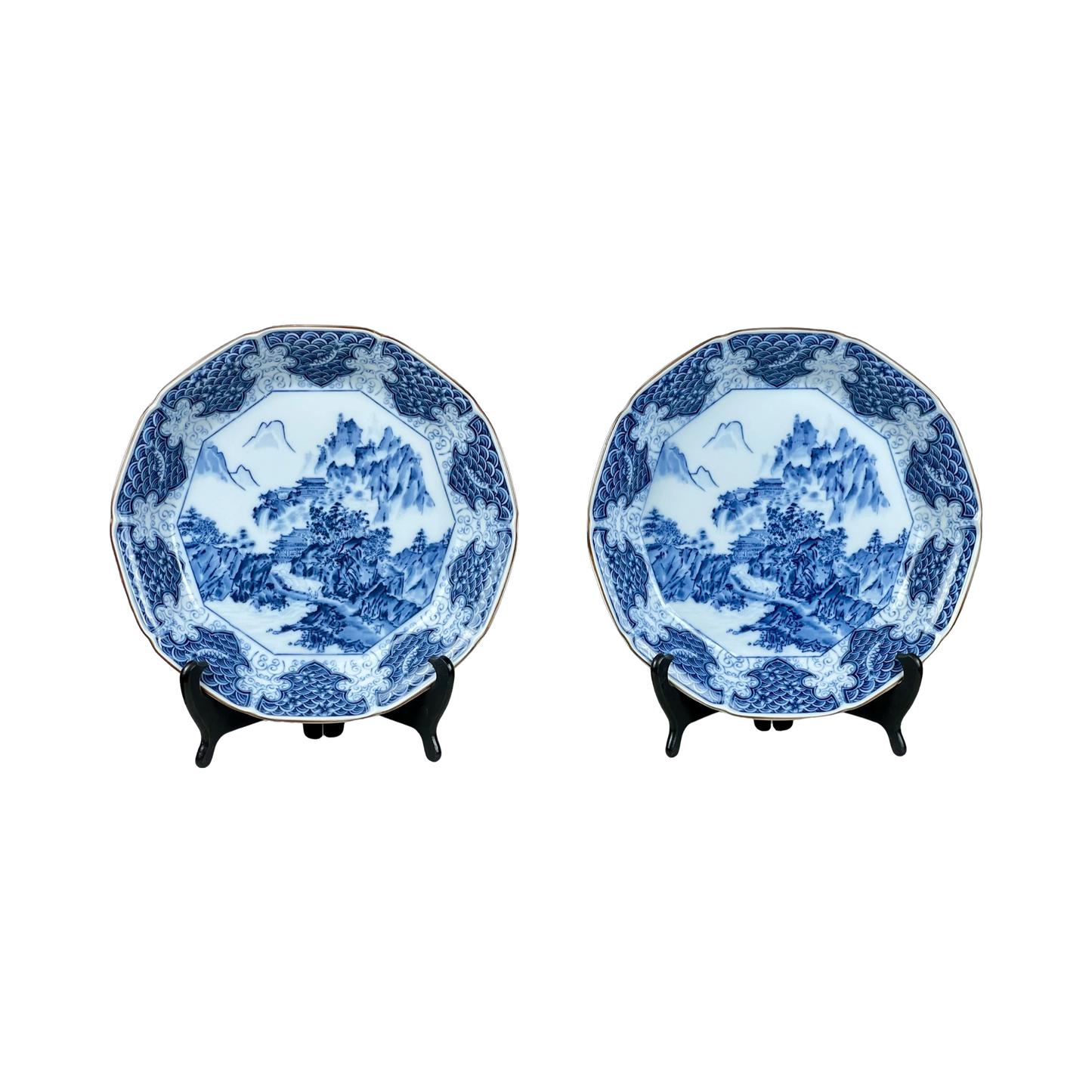 Pair of Japanese Satsuma Mokusen Blue and White Porcelain Bowls with Stands