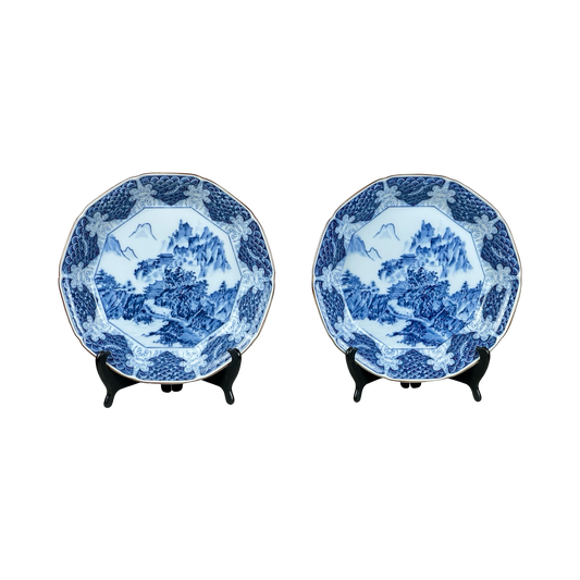 Pair of Japanese Satsuma Mokusen Blue and White Porcelain Bowls with Stands