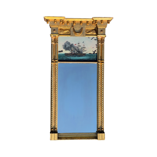 Antique Federal Gilt Two Panel Mirror with Reverse Painted Naval Battle c. 1830