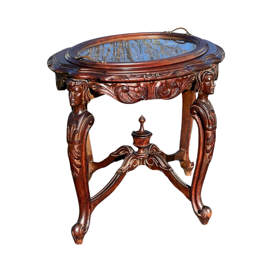 Antique Carved French Renaissance Revival Tea Table with Glass Butlers Tray c. Late 19th Century