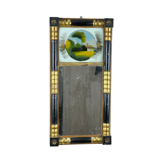 Antique 19th Century Two Panel Gilt Mirror with Reverse Painted Country Cottage Scene