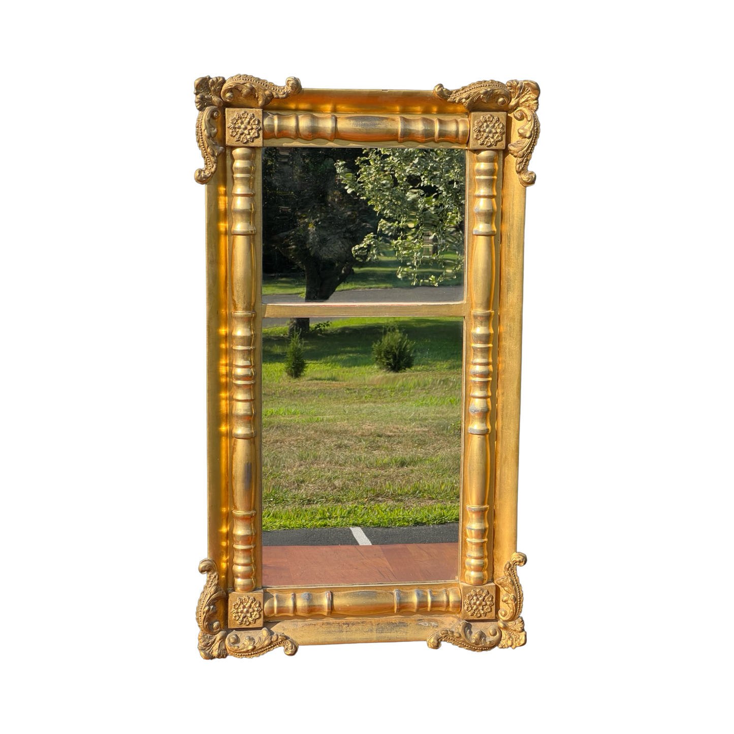 Antique Gilt Two Part Mirror with Split Columns and Decorative Corners