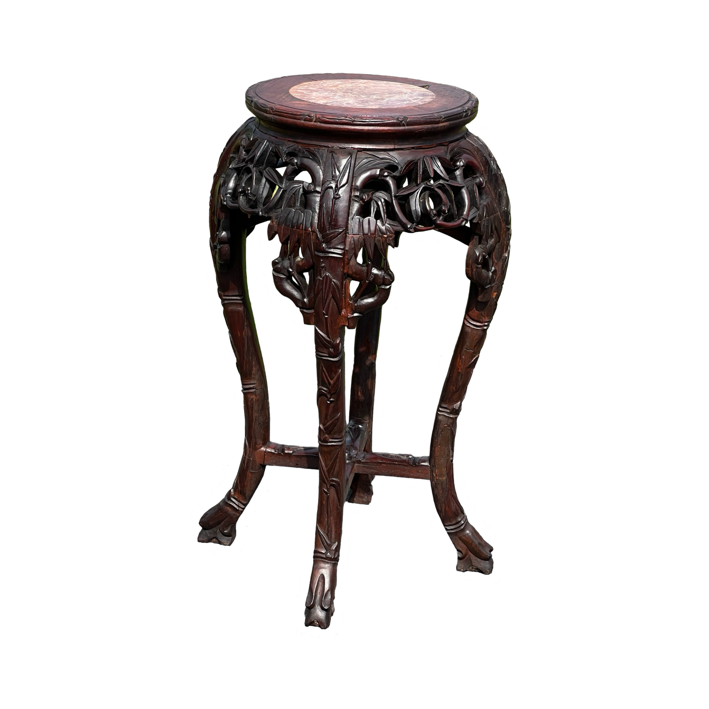 Antique Asian Carved Rosewood Marble Top Plant Stand