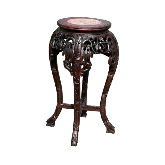 Antique Asian Carved Rosewood Marble Top Plant Stand