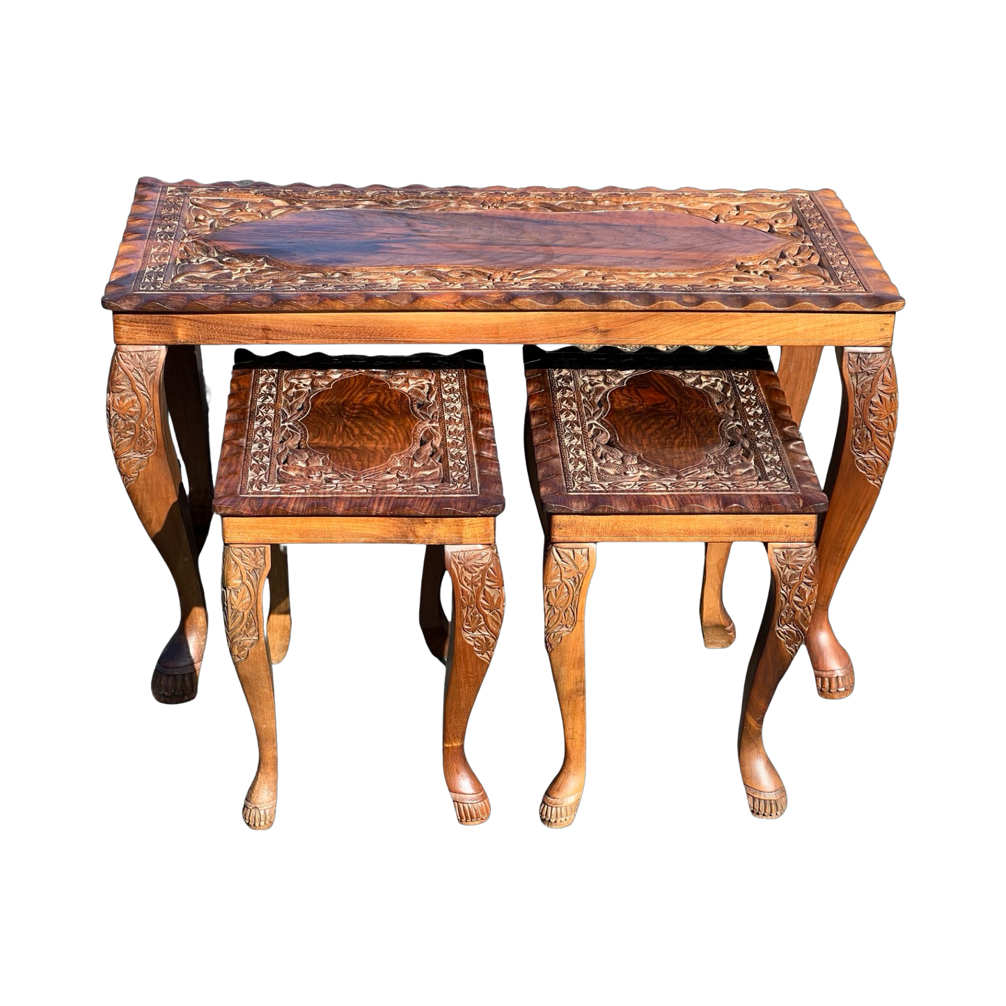 Vintage Hand Carved Asian Fruitwood Nesting Tables