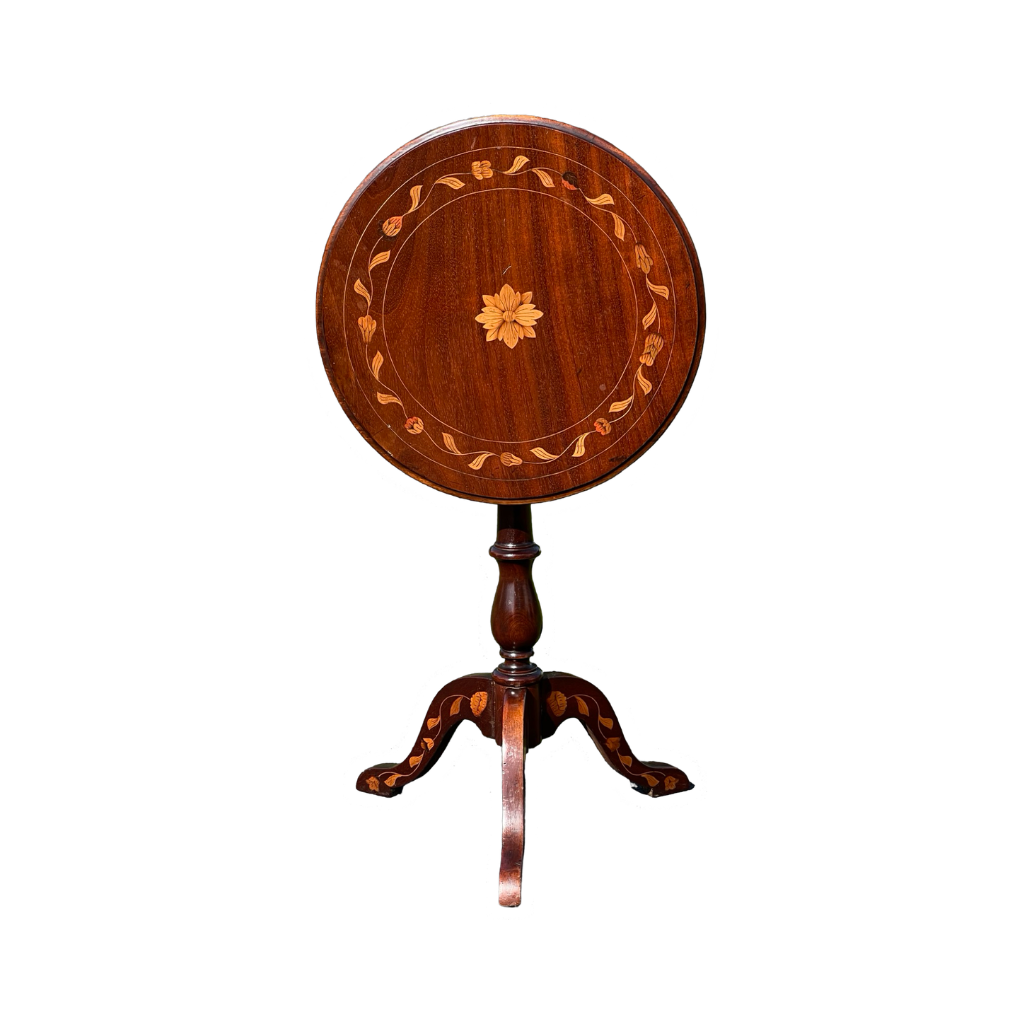 Antique 19th Century Bellflower Inlaid Mahogany Tilt Top Stand