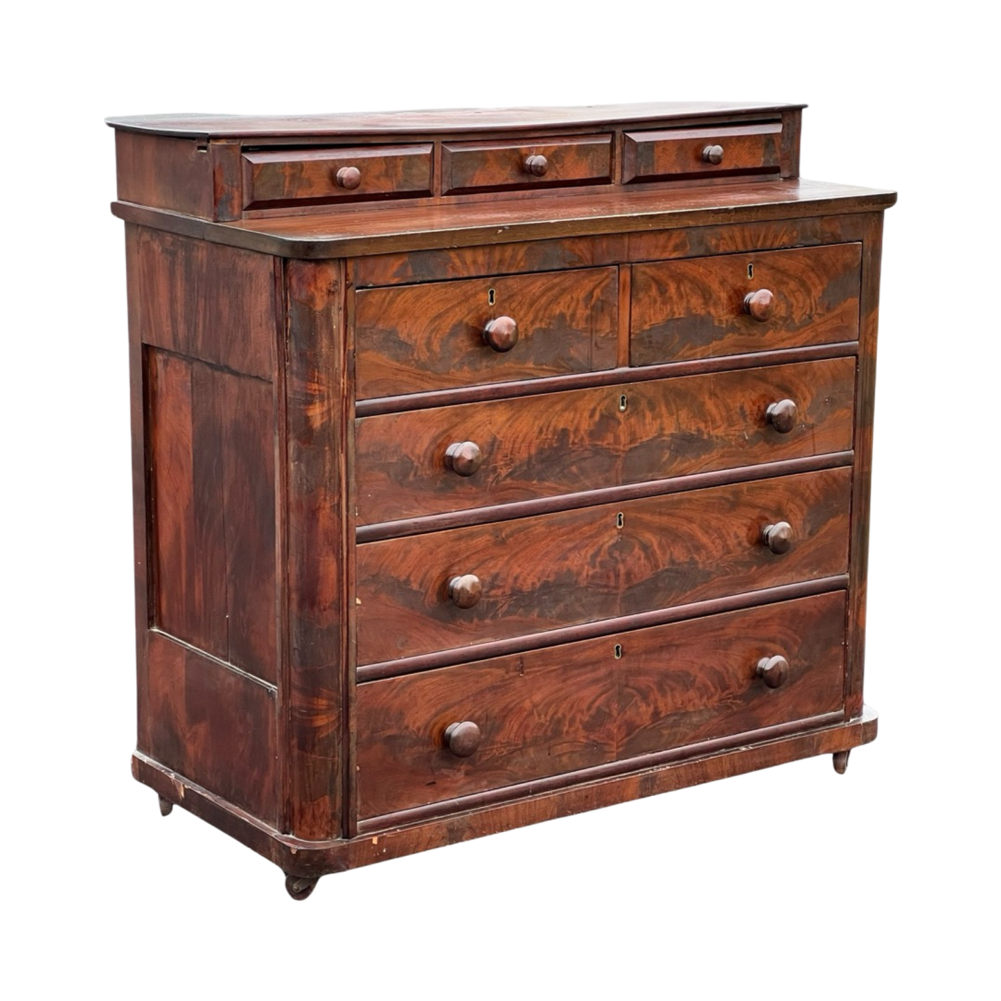 Antique American Empire Flame Mahogany Two Over Three Chest of Drawers from the 1830s