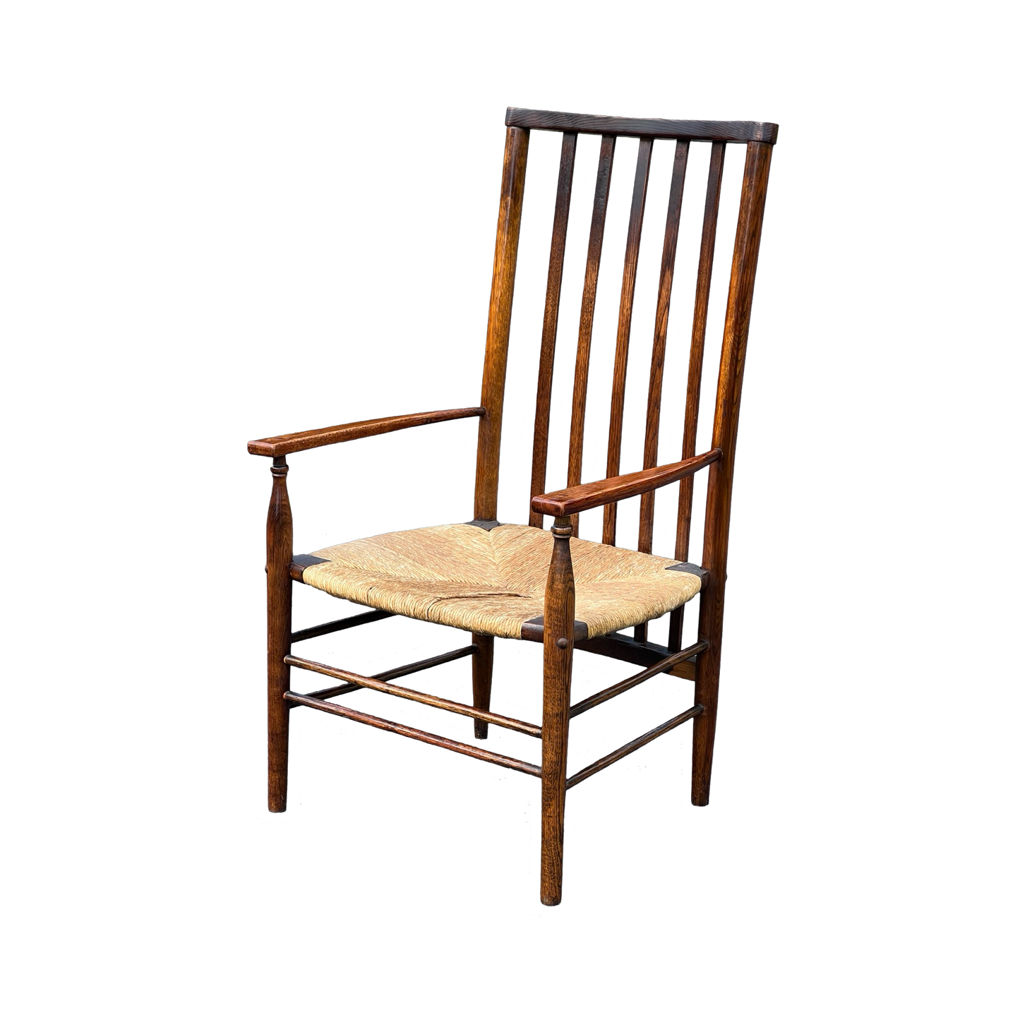 Antique Edwardian Oak Elbow Chair with Rush Seat c. 1910