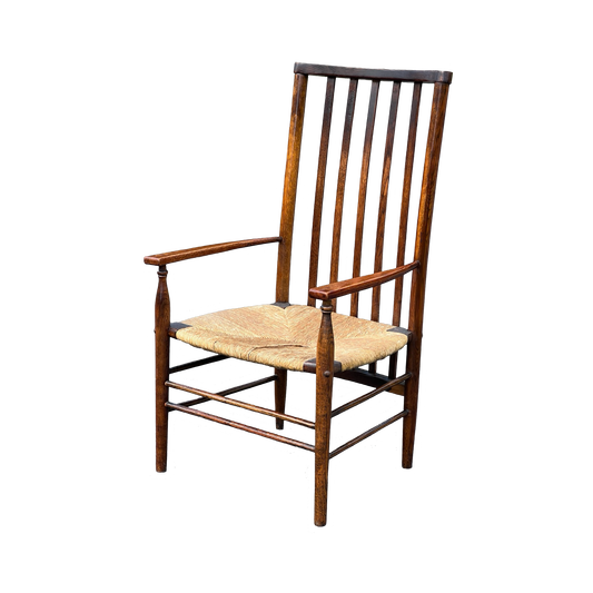 Antique Edwardian Oak Elbow Chair with Rush Seat c. 1910